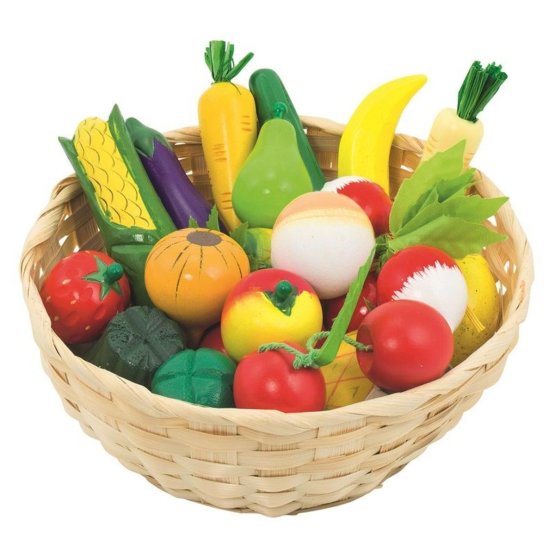 Obst und Gemüse aus Holz in einem Korb mit 21 Stück