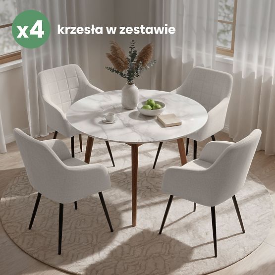 4x Gepolsterter Stuhl mit quadratischer Steppung Creme LUXANO Schwarze Beine Stoff Lumos