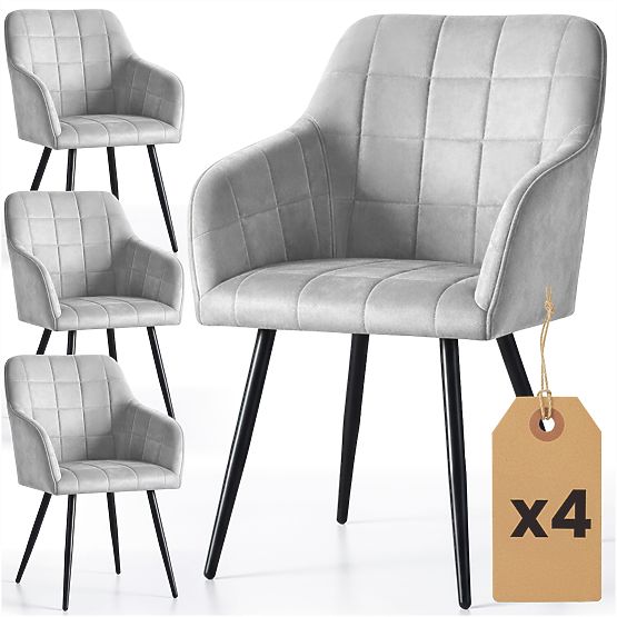 4x Gepolsterter Stuhl mit quadratischer Steppung Grau LUXANO Schwarze Beine
