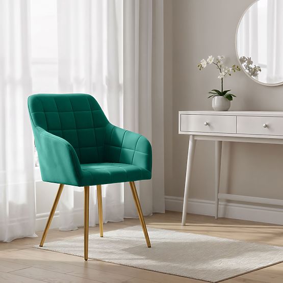 4x Polsterstuhl mit quadratischer Steppung Flaschengrün LUXANO Goldene Beine