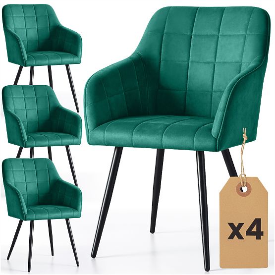 4x Polsterstuhl mit quadratischer Steppung Flaschengrün LUXANO Schwarze Beine