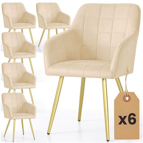6x Gepolsterter Stuhl mit quadratischer Steppung Beige LUXANO Goldene Beine