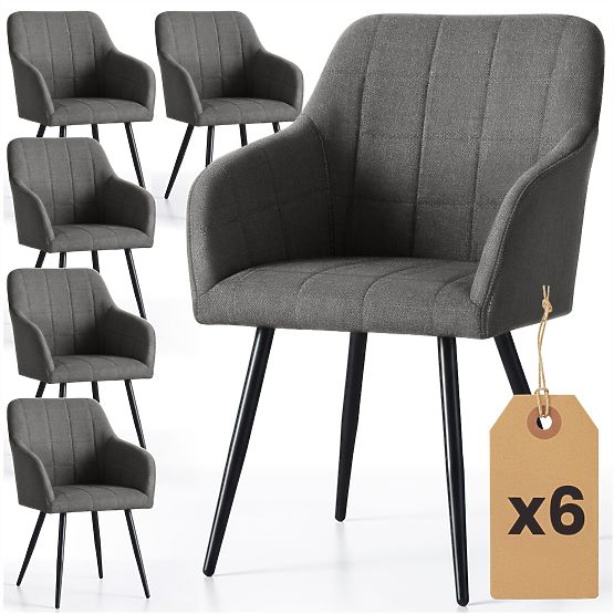 6x Gepolsterter Stuhl mit quadratischer Steppung Dunkelgrau LUXANO Schwarze Beine Stoff Lumos