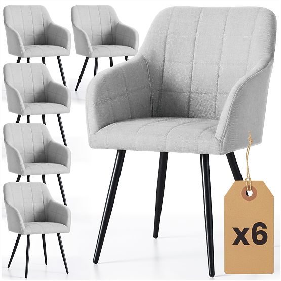 6x Gepolsterter Stuhl mit quadratischer Steppung Hellgrau LUXANO Schwarze Beine Stoff Lumos