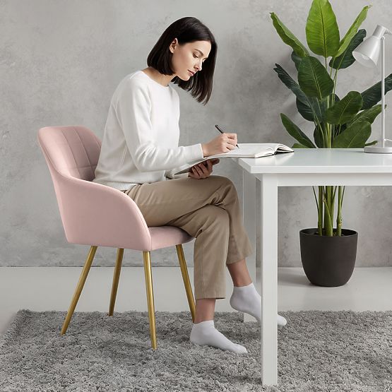 6x Gepolsterter Stuhl mit quadratischer Steppung Puderrosa LUXANO Goldene Beine