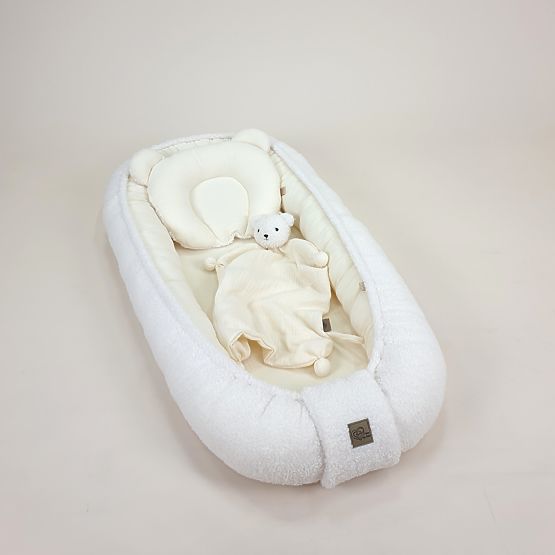 Baby-Nestchen Teddy aus Musselin und Lammfell - Ecru