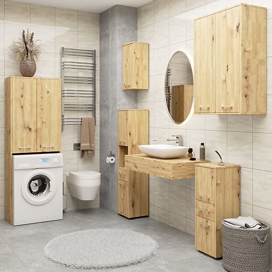 BADEZIMMERSCHRANK FIN HOCHSCHRANK 30 2D 1SZ 85cm PK EICHE ARTISAN