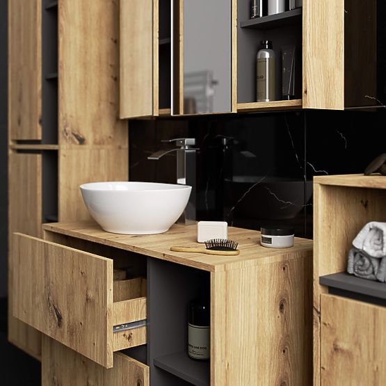 BADEZIMMERSCHRANK UNTER DEM WASCHBECKEN MIT LÖCHERN VAMI W90 UM 2SZ 2P EICHE ARTISAN / GRAPHITGRAU