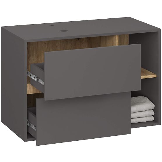 BADEZIMMERSCHRANK UNTER DEM WASCHBECKEN MIT LÖCHERN VAMI W90 UM 2SZ 2P GRAPHITGRAU / ARTISAN EICHE