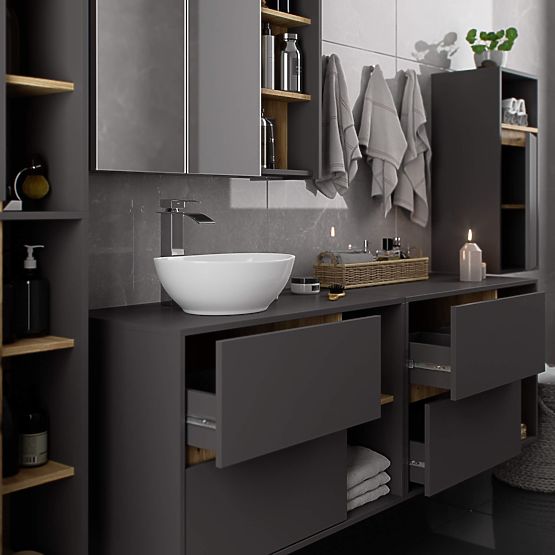 BADEZIMMERSCHRANK UNTER DEM WASCHBECKEN MIT LÖCHERN VAMI W90 UM 2SZ 2P GRAPHITGRAU / ARTISAN EICHE