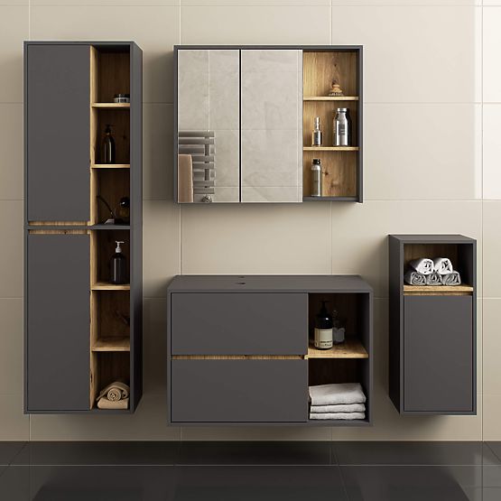 BADEZIMMERSCHRANK UNTER DEM WASCHBECKEN MIT LÖCHERN VAMI W90 UM 2SZ 2P GRAPHITGRAU / ARTISAN EICHE