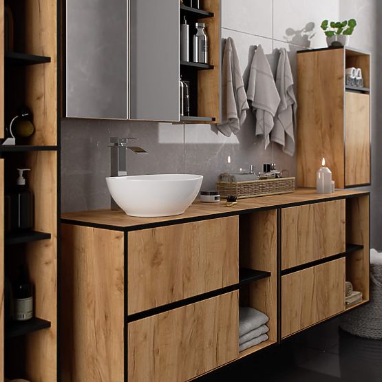 BADEZIMMERSCHRANK UNTER DEM WASCHBECKEN MIT ÖFFNUNGEN VAMI W90 UM 2SZ 2P EICHE CRAFT / SCHWARZ