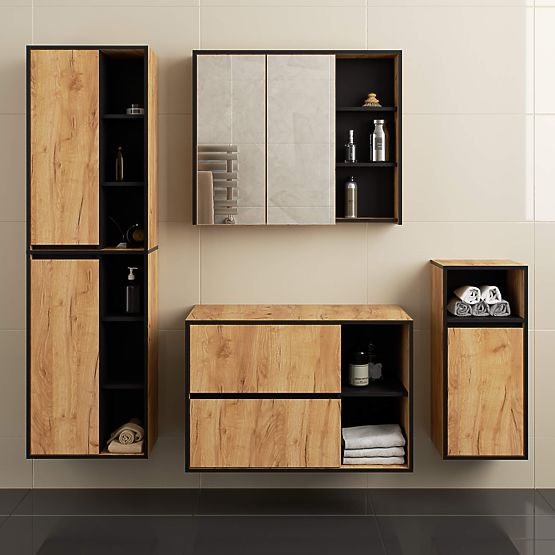 BADEZIMMERSCHRANK UNTER DEM WASCHBECKEN MIT ÖFFNUNGEN VAMI W90 UM 2SZ 2P EICHE CRAFT / SCHWARZ