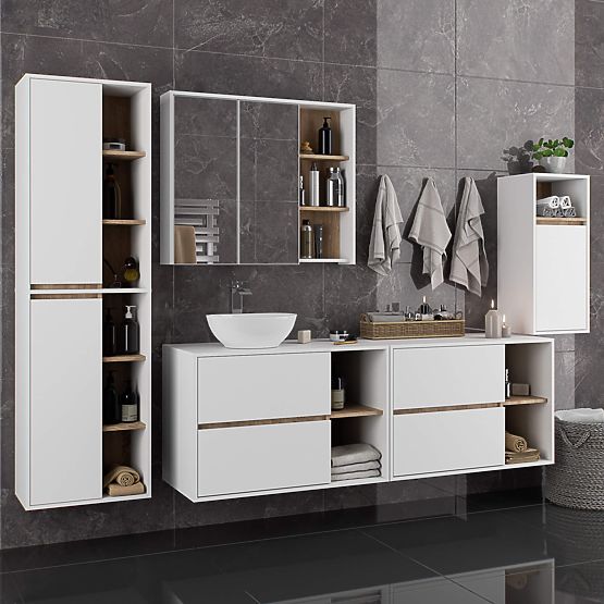 BADEZIMMERSCHRANK UNTER DEM WASCHBECKEN MIT ÖFFNUNGEN VAMI W90 UM 2SZ 2P WEISS / SONOMA EICHE