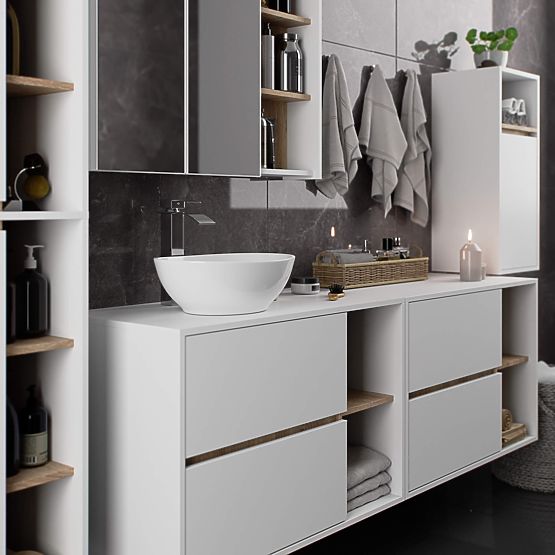 BADEZIMMERSCHRANK UNTER DEM WASCHBECKEN MIT ÖFFNUNGEN VAMI W90 UM 2SZ 2P WEISS / SONOMA EICHE