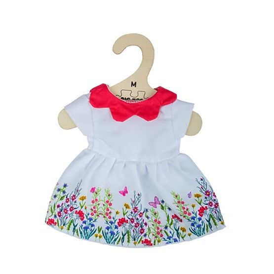 Bigjigs Toys Weißes Blumenkleid mit rotem Kragen für Puppe 34 cm