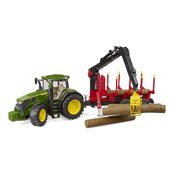 Bruder Traktor John Deere 7R 350 mit Rückanhänger und 4 Baumstämmen