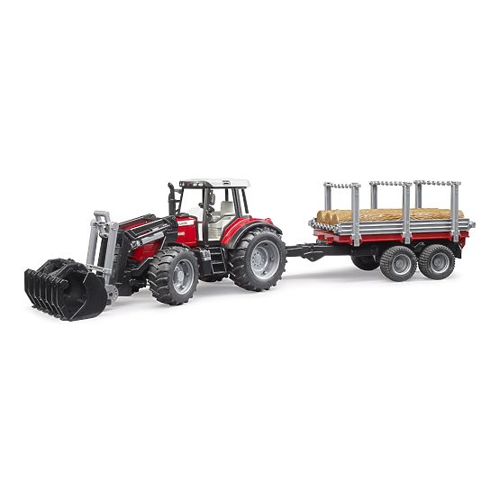 Bruder Traktor Massey Ferguson 7480 mit Frontlader und Holztransporter