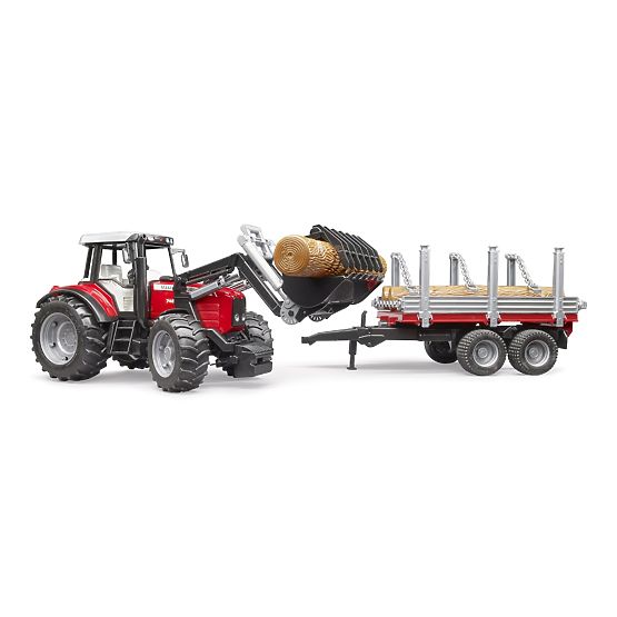 Bruder Traktor Massey Ferguson 7480 mit Frontlader und Holztransporter