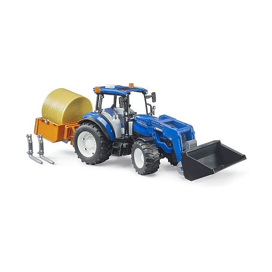 Bruder Traktor New Holland T5.120 mit Frontlader, Kippmulde, Gabeln und Rundballen