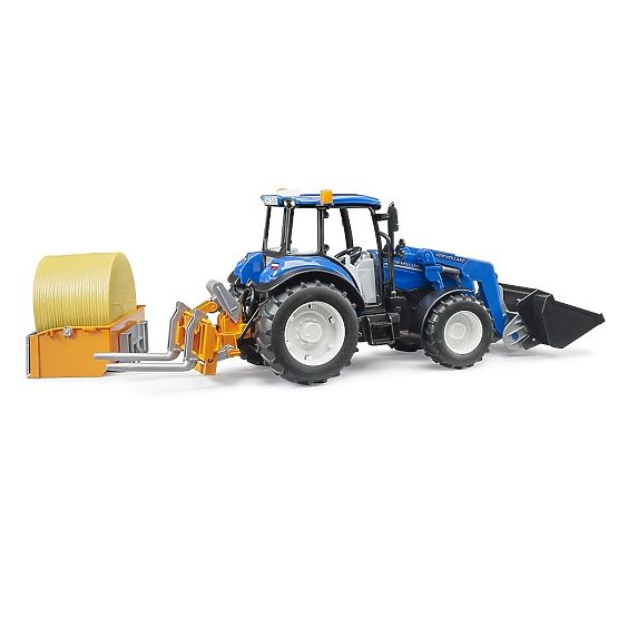 Bruder Traktor New Holland T5.120 mit Frontlader, Kippmulde, Gabeln und Rundballen