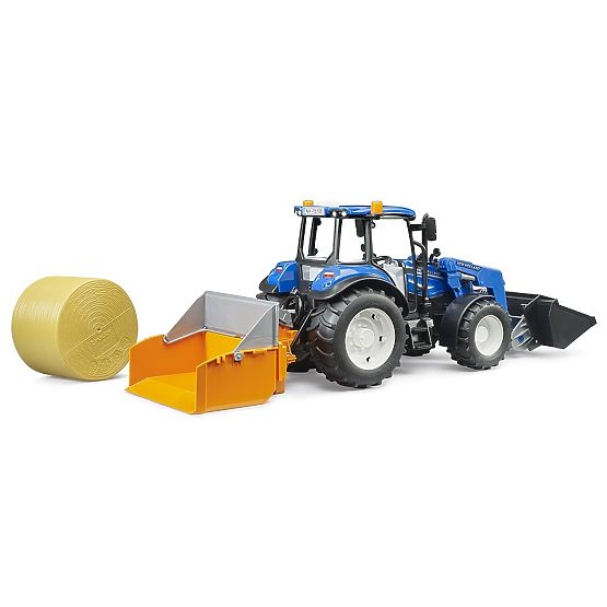 Bruder Traktor New Holland T5.120 mit Frontlader, Kippmulde, Gabeln und Rundballen