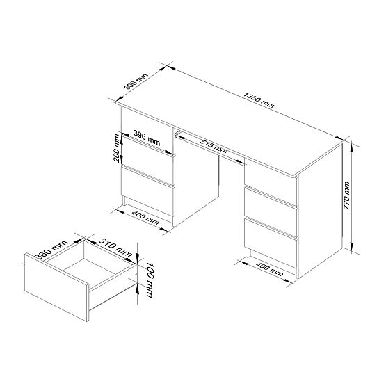 COMPUTERTISCH A-11 135 cm 6 SCHUBLADEN PK WEISS / SCHWARZ GLANZ