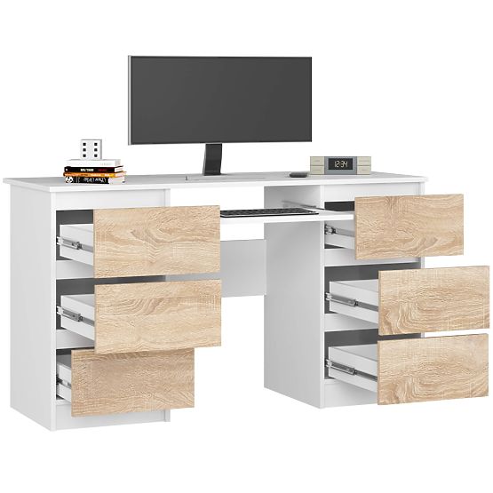 COMPUTERTISCH A-11 135 cm 6 SCHUBLADEN WEISS / SONOMA