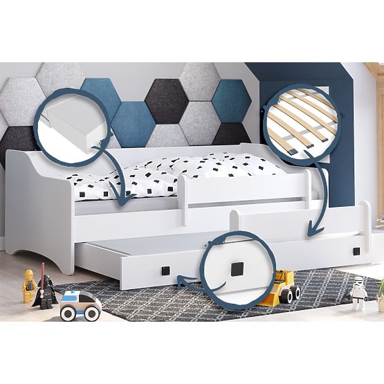 Doppelbett ERYK mit Schublade und Schutzgitter 160x80 schwarze Griffe