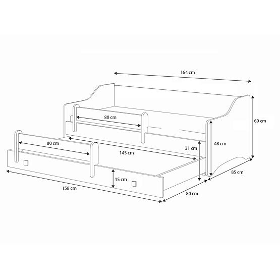 Doppelbett ERYK mit Schublade und Schutzgitter 160x80 Weisser Griff