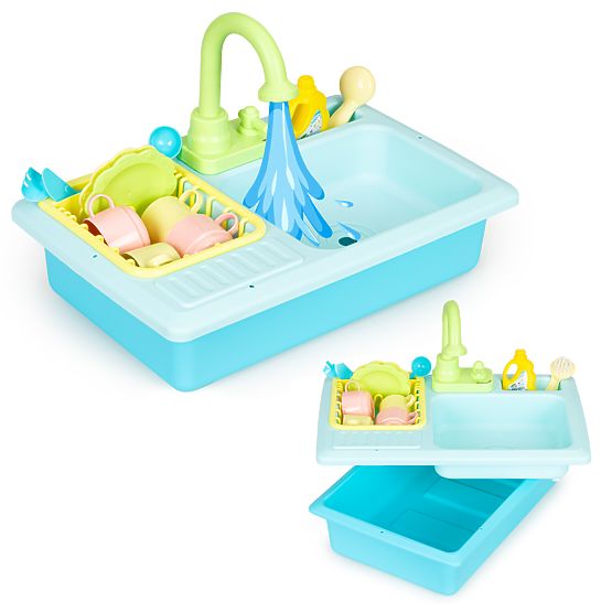 Spüle mit Wasserhahn, befüllt mit Wasser, 12 Zubehörteile, Spielzeug für Kinder
