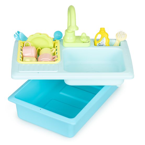 Spüle mit Wasserhahn, befüllt mit Wasser, 12 Zubehörteile, Spielzeug für Kinder