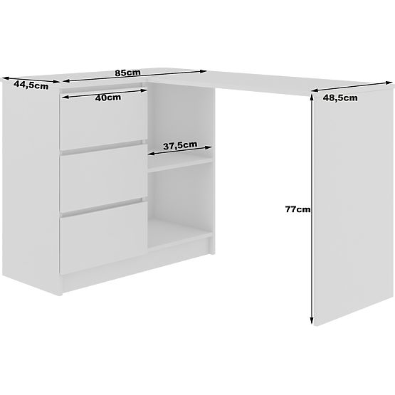 ECKSCHREIBTISCH B16 124 cm LINKS 3 SCHUBLADEN PK WEISS / WEISS HOCHGLANZ