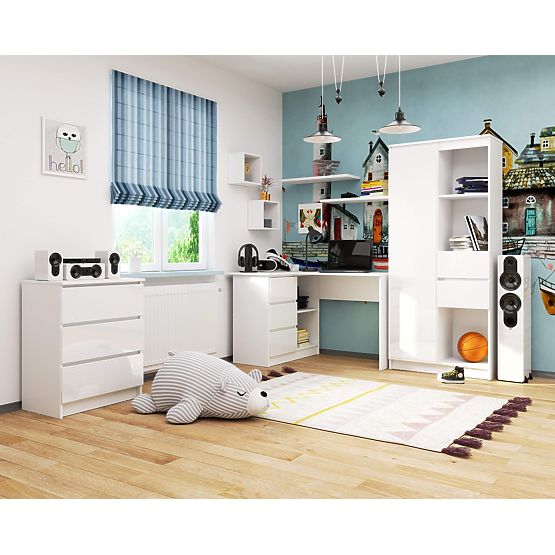 ECKSCHREIBTISCH B16 124 cm LINKS 3 SCHUBLADEN PK WEISS / WEISS HOCHGLANZ