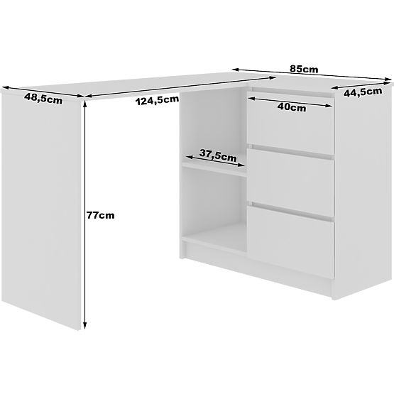ECKSCHREIBTISCH B16 124 cm RECHTS 3 SCHUBLADEN PK WEISS / WEISS HOCHGLANZ