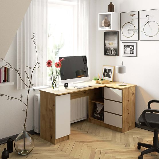 Eckschreibtisch B20 155 cm rechts - PK Eiche Artisan-weiß - 3 Schubladen
