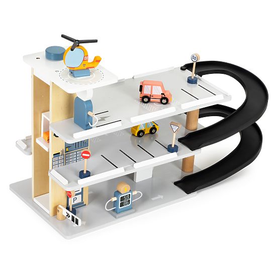 Große Holzgarage mit Aufzug + Autos, Hubschrauber, Waschanlage ECOTOYS