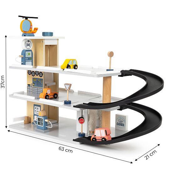 Große Holzgarage mit Aufzug + Autos, Hubschrauber, Waschanlage ECOTOYS