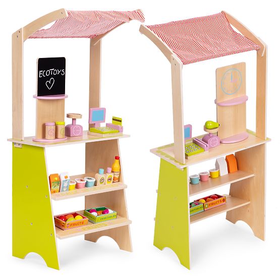 Großer Holzstand für Kinder mit Terminal und Waage Obst Gemüse 20 Elemente ECOTOYS