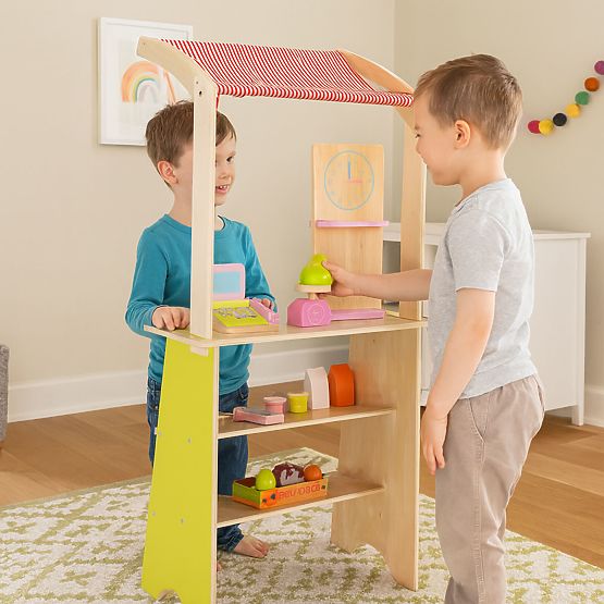 Großer Holzstand für Kinder mit Terminal und Waage Obst Gemüse 20 Elemente ECOTOYS
