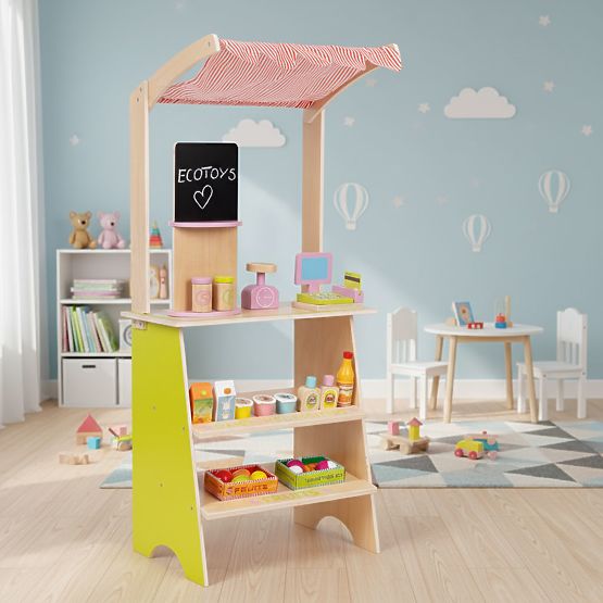 Großer Holzstand für Kinder mit Terminal und Waage Obst Gemüse 20 Elemente ECOTOYS