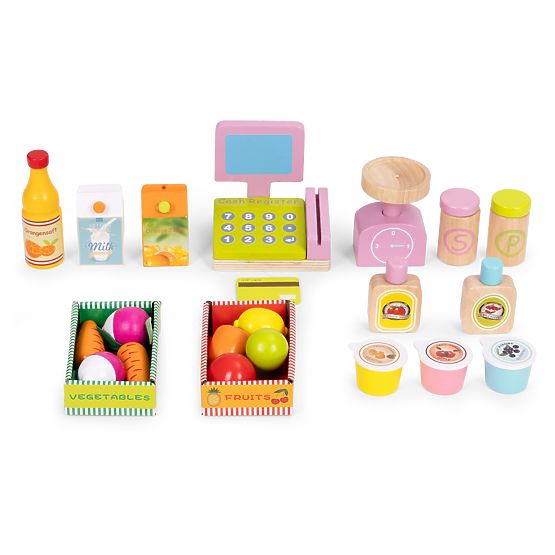 Großer Holzstand für Kinder mit Terminal und Waage Obst Gemüse 20 Elemente ECOTOYS