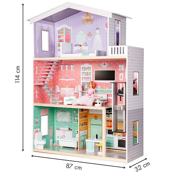 Großes Holzpuppenhaus mit beweglichem Aufzug und Möbeln ECOTOYS