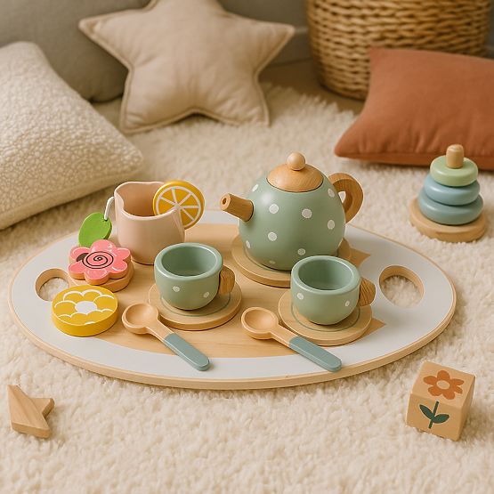 Holz Teeset Kanne Tassen 14 Stück ECOTOYS