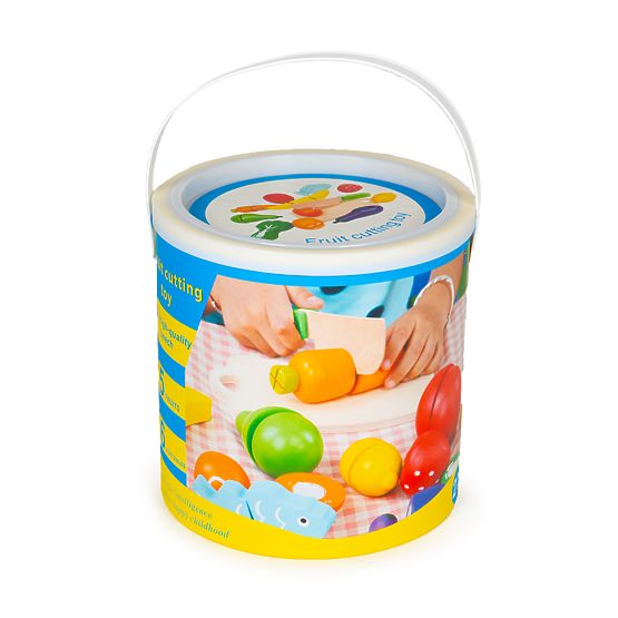 Holzgemüse und Obst zum Schneiden 13 Stück + Eimer