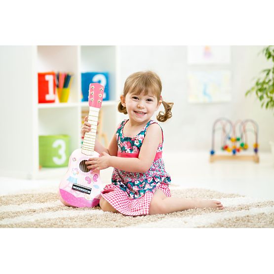 Holzgitarre für Kinder, Metall-Saiten, Plektrum, rosa ECOTOYS