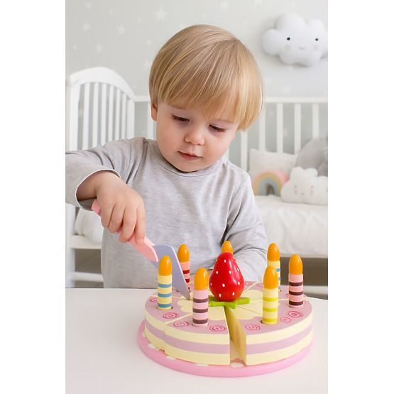 Holzset Torte mit Klettverschluss Kerzen Erdbeere für Kinder 15 Elemente ECOTOYS