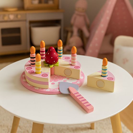 Holzset Torte mit Klettverschluss Kerzen Erdbeere für Kinder 15 Elemente ECOTOYS