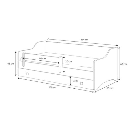 Kinderbett ERYK mit Schublade und Schutzgitter 160x80 graues Paneel
