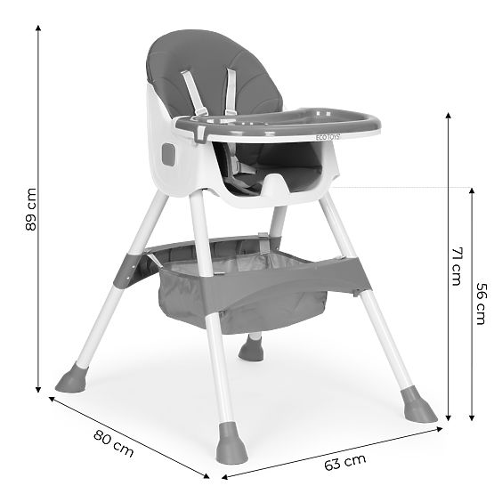 Kinderhochstuhl mit Tablett, Korb, 5-Punkt-Gurten, grau ECOTOYS
